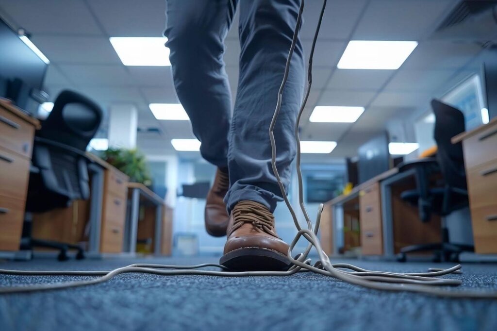 A person steps on a carpeted floor avoiding a cord that lies across their path