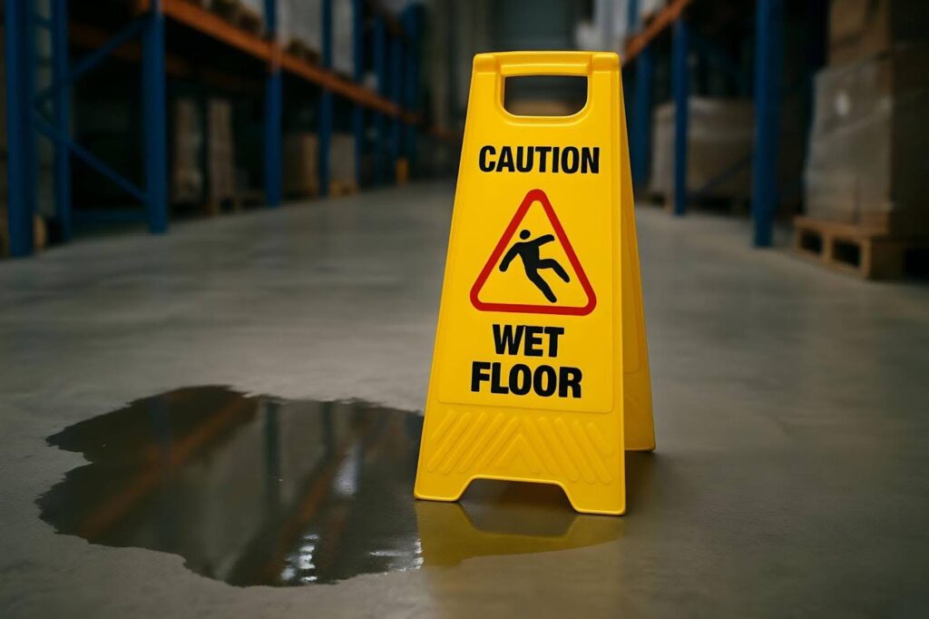 A wet floor sign placed on the floor indicating a slippery surface to alert pedestrians