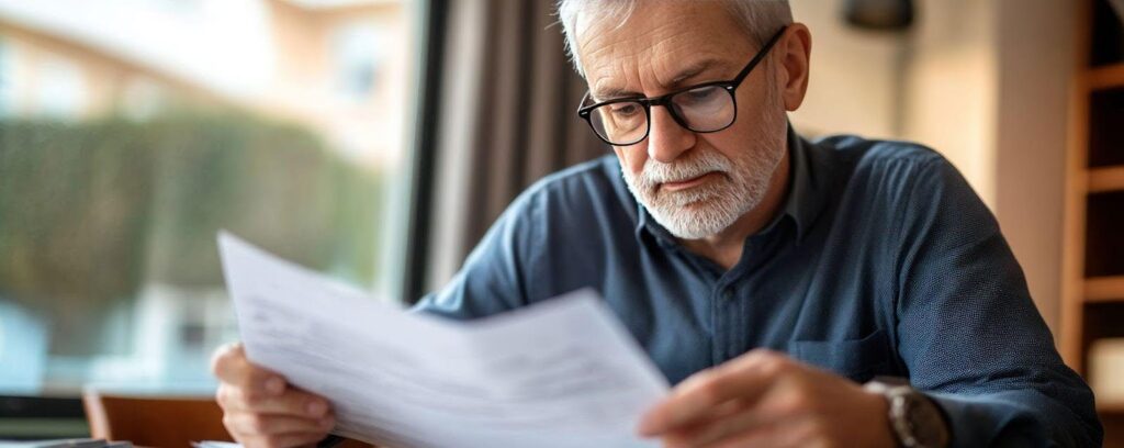 An older man with glasses and a beard examines a life insurance policy document thoughtfully.