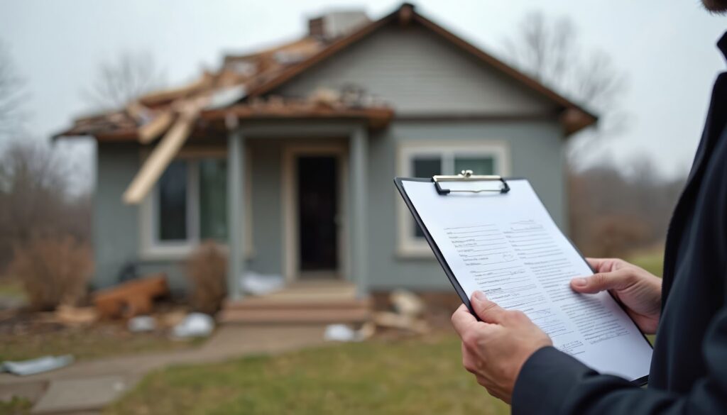 An inspector holding a clipboard stands in front of a house with a damaged roof and scattered debris.
