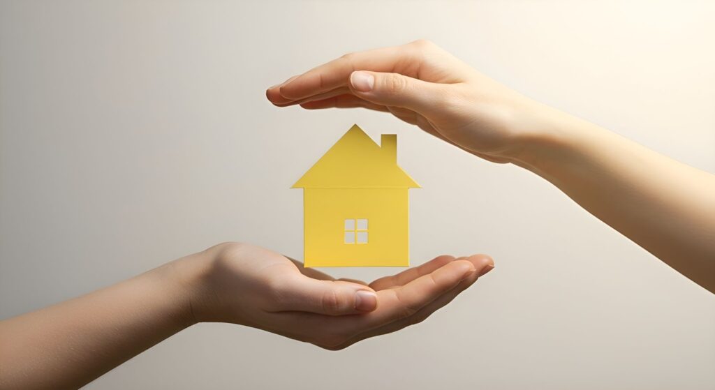 Two hands holding and protecting a paper house model.