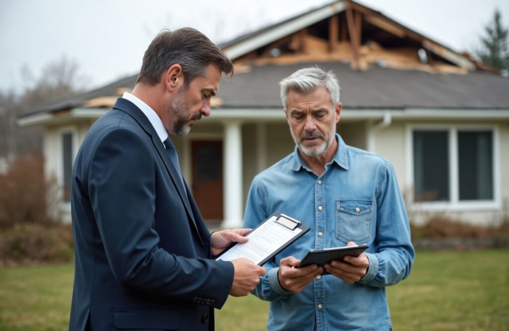 Two men discussing a clipboard and tablet in front of a house with a damaged roof.