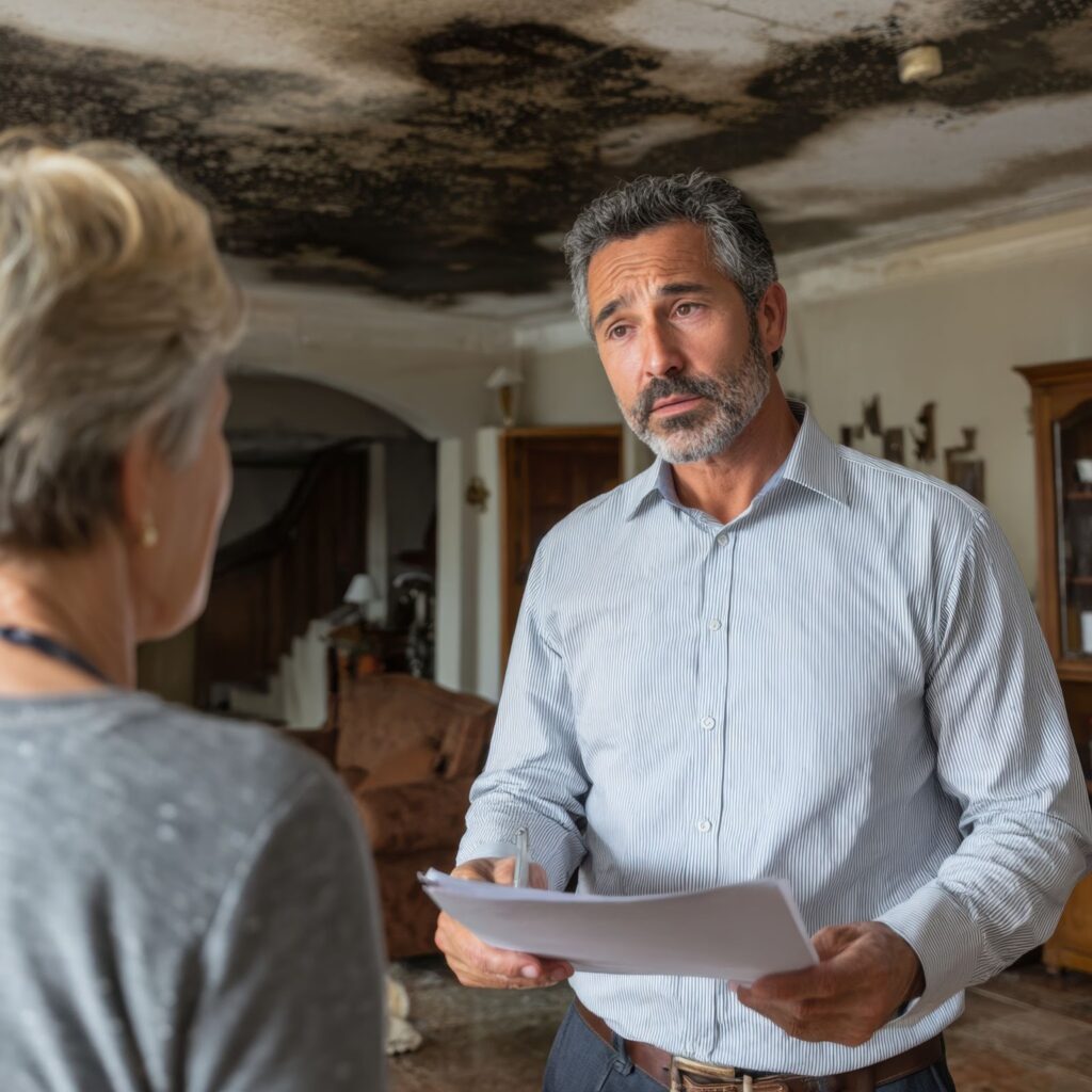 Two people discussing in a room with water damage on the ceiling.